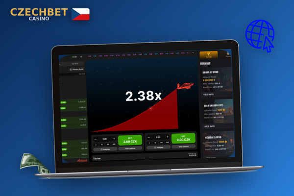 Platforma Czechbet Casino s Aviator game otevřenou na notebooku před prvním vkladem