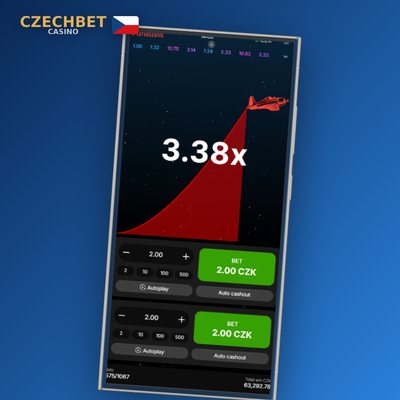 Barevná lišta s historií multiplikátorů minulých kol Aviator v Czechbet Casino