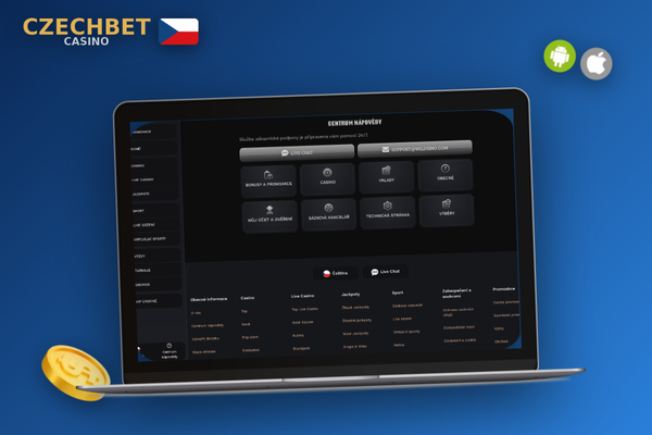 Hráč prochází sekci nápovědy Czechbet Casino a hledá odpovědi bez čekání na zákaznickou podporu