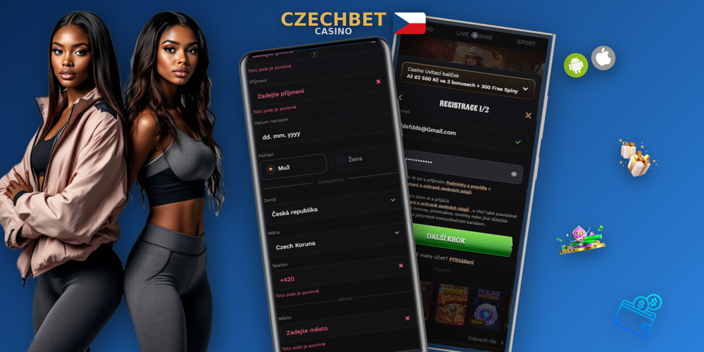 Czechbet Casino registrace — rozhraní nastavení účtu se sekcemi Bezpečnost, Měna a Notifikace