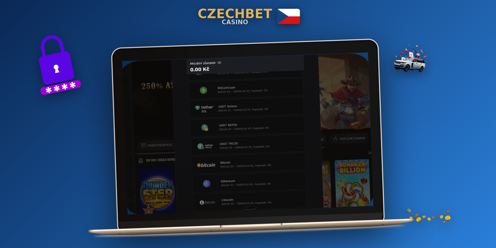 Czechbet Casino pokladna se sekcí výběr a ikonami platebních metod Visa, Skrill a Bitcoin